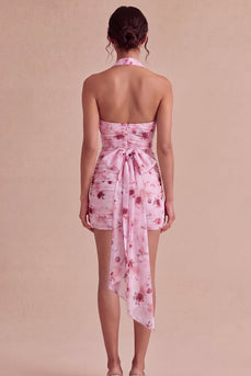 Floral Tight Halter Pink Short Ruched Birthday Party Dress with Bow