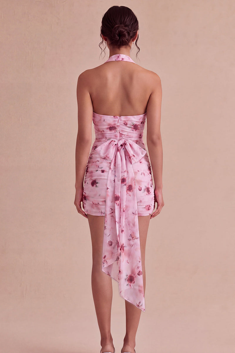 Load image into Gallery viewer, Floral Tight Halter Pink Short Ruched Birthday Party Dress with Bow