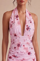 Load image into Gallery viewer, Floral Tight Halter Pink Short Ruched Birthday Party Dress with Bow