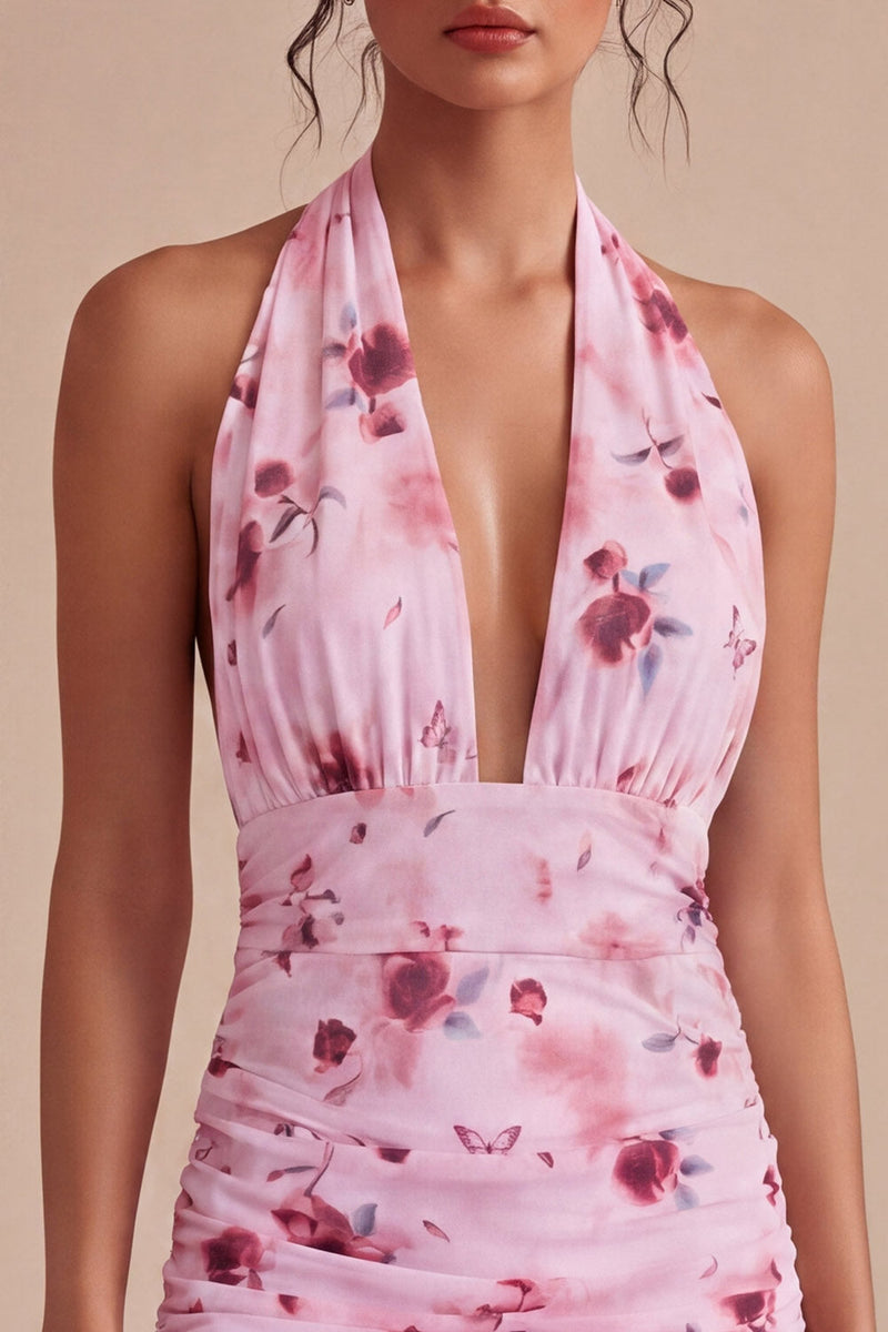 Load image into Gallery viewer, Floral Tight Halter Pink Short Ruched Birthday Party Dress with Bow