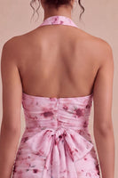 Load image into Gallery viewer, Floral Tight Halter Pink Short Ruched Birthday Party Dress with Bow
