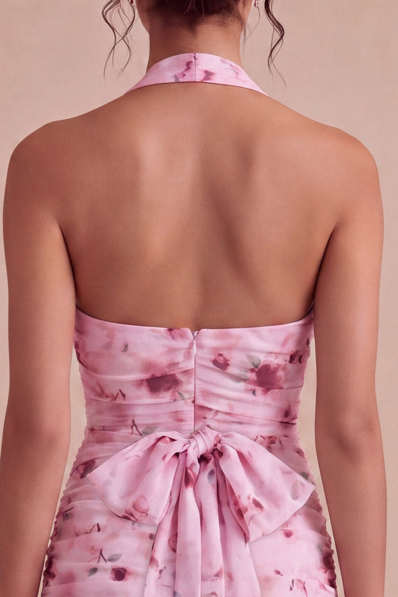 Load image into Gallery viewer, Floral Tight Halter Pink Short Ruched Birthday Party Dress with Bow