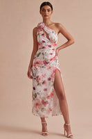 Load image into Gallery viewer, Pink Flower Mermaid One Shoulder Keyhole Long Formal Dress with Slit