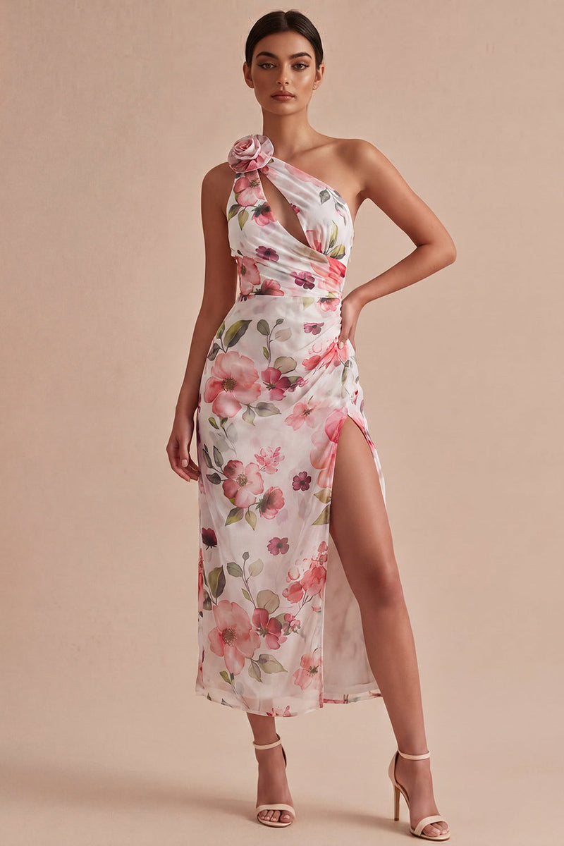 Load image into Gallery viewer, Pink Flower Mermaid One Shoulder Keyhole Long Formal Dress with Slit