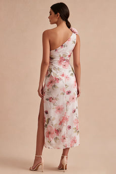 Pink Flower Mermaid One Shoulder Keyhole Long Formal Dress with Slit