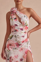 Load image into Gallery viewer, Pink Flower Mermaid One Shoulder Keyhole Long Formal Dress with Slit