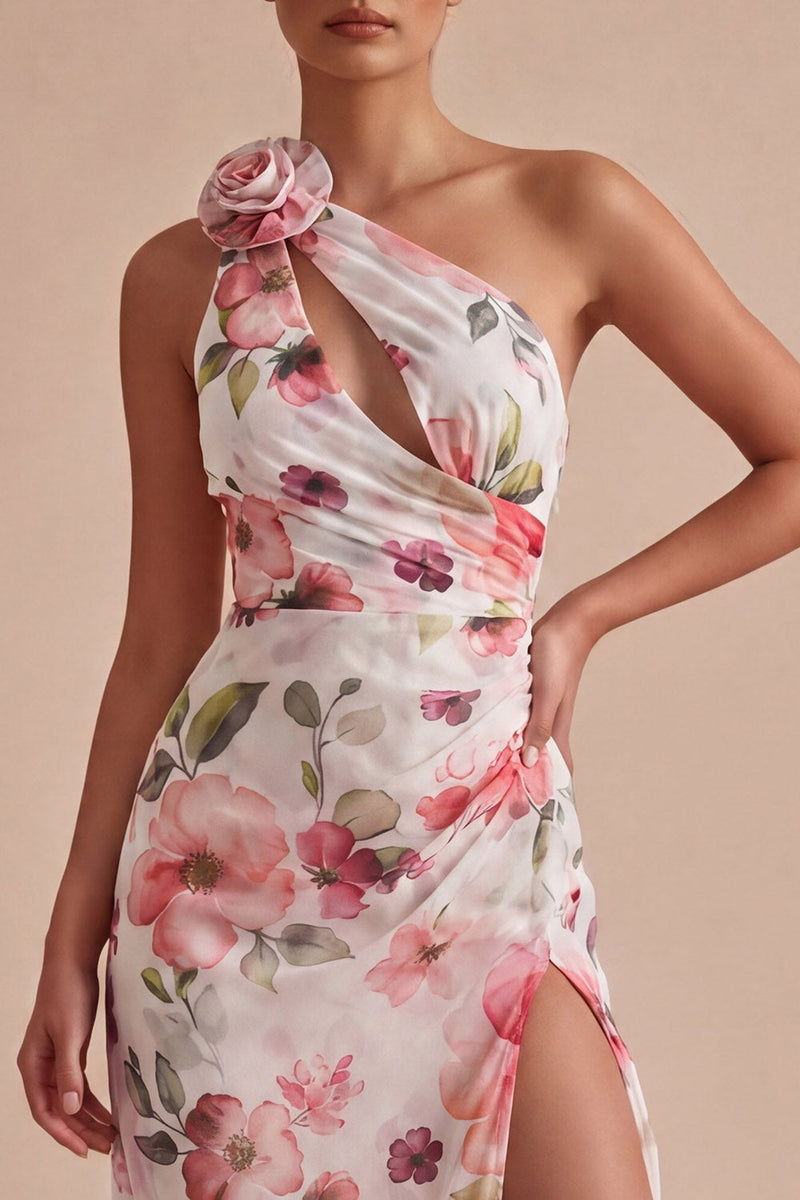 Load image into Gallery viewer, Pink Flower Mermaid One Shoulder Keyhole Long Formal Dress with Slit