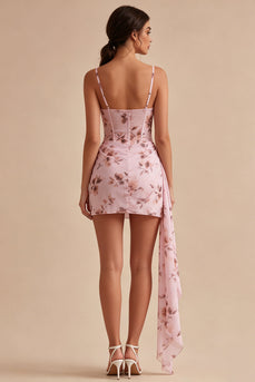 Floral Corset Pink Short Tight Ruched Birthday Party Dress with Sash