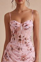 Load image into Gallery viewer, Floral Corset Pink Short Tight Ruched Birthday Party Dress with Sash