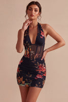 Load image into Gallery viewer, Floral Black Tight Short Halter Corset Ruched Backless Birthday Party Dress