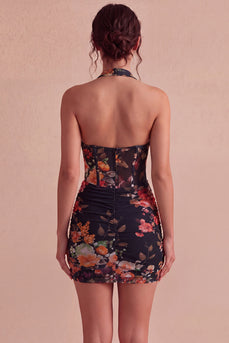 Floral Black Tight Short Halter Corset Ruched Backless Birthday Party Dress