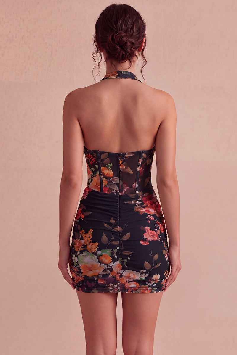 Load image into Gallery viewer, Floral Black Tight Short Halter Corset Ruched Backless Birthday Party Dress