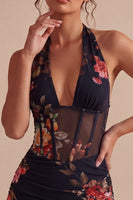 Load image into Gallery viewer, Floral Black Tight Short Halter Corset Ruched Backless Birthday Party Dress