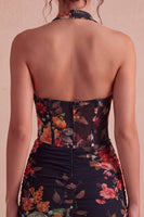 Load image into Gallery viewer, Floral Black Tight Short Halter Corset Ruched Backless Birthday Party Dress
