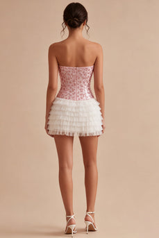 White and Pink Strapless Ruffled Corset Short Birthday Party Dress with Bow