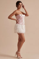 Load image into Gallery viewer, White and Pink Strapless Ruffled Corset Short Birthday Party Dress with Bow