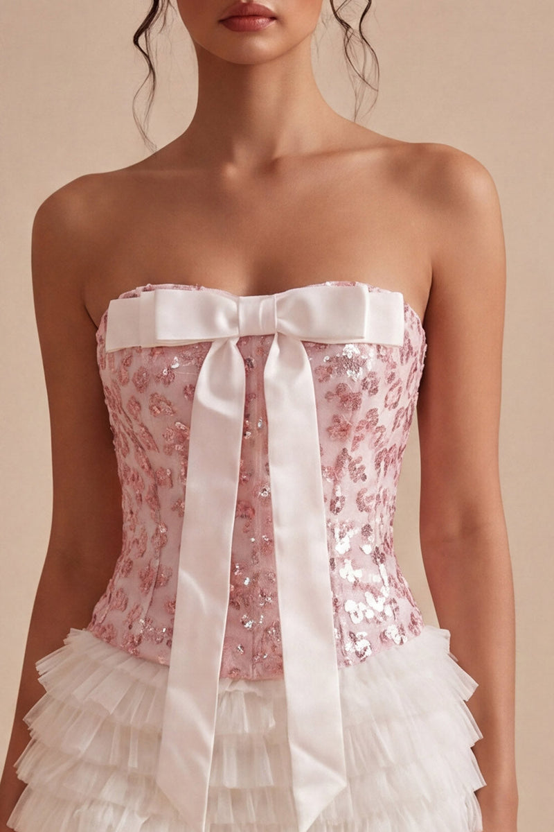 Load image into Gallery viewer, White and Pink Strapless Ruffled Corset Short Birthday Party Dress with Bow