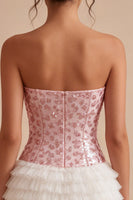 Load image into Gallery viewer, White and Pink Strapless Ruffled Corset Short Birthday Party Dress with Bow