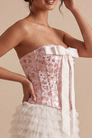 Load image into Gallery viewer, White and Pink Strapless Ruffled Corset Short Birthday Party Dress with Bow