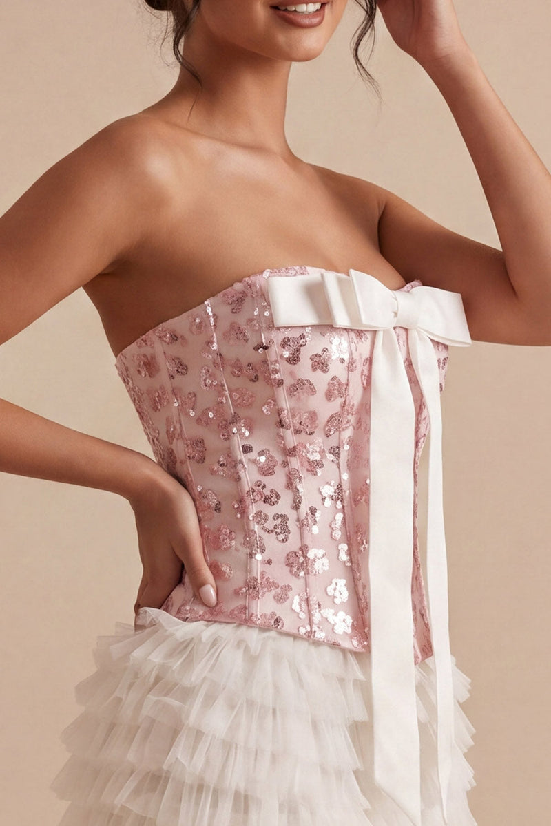 Load image into Gallery viewer, White and Pink Strapless Ruffled Corset Short Birthday Party Dress with Bow