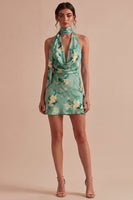 Load image into Gallery viewer, Light Green Short Halter Floral Backless Birthday Party Dress