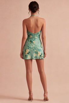 Light Green Short Halter Floral Backless Birthday Party Dress
