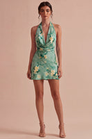 Load image into Gallery viewer, Light Green Short Halter Floral Backless Birthday Party Dress