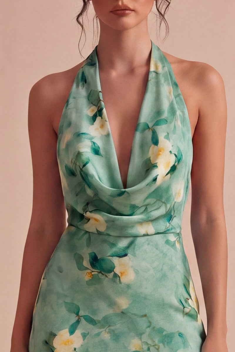 Load image into Gallery viewer, Light Green Short Halter Floral Backless Birthday Party Dress