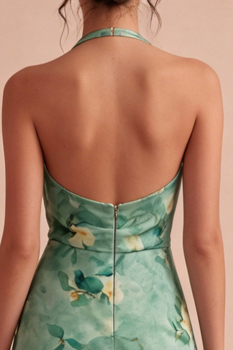 Load image into Gallery viewer, Light Green Short Halter Floral Backless Birthday Party Dress