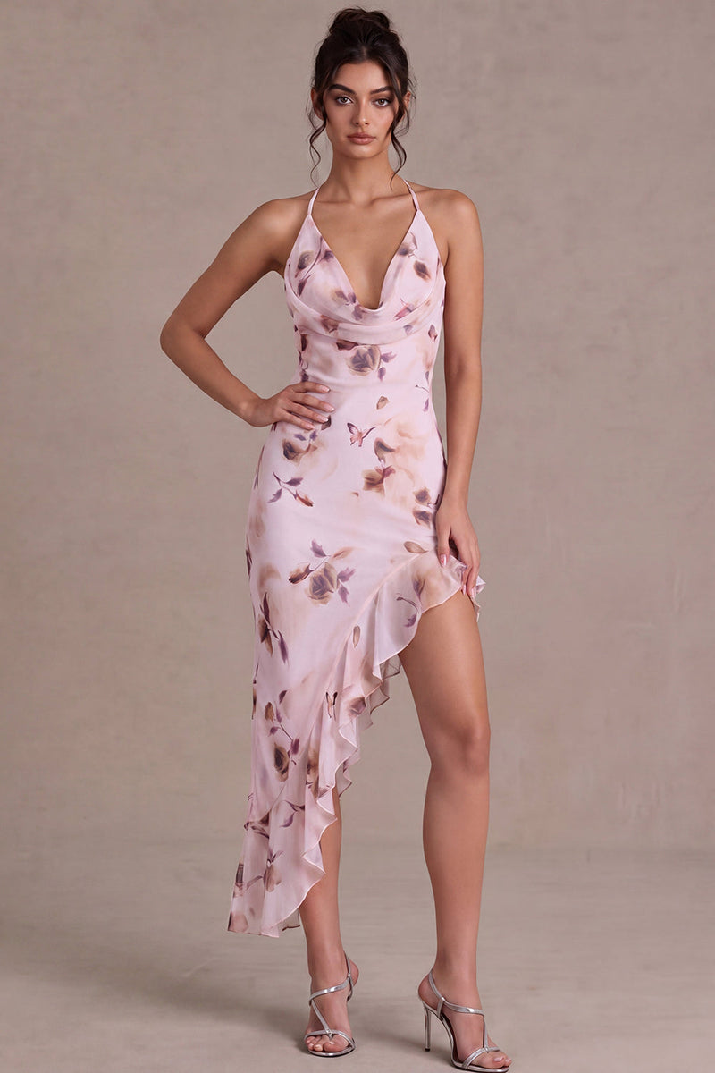 Load image into Gallery viewer, Floral Pink Cowl Neck Asymmetrical Birthday Party Dress with Ruffles