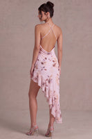 Load image into Gallery viewer, Floral Pink Cowl Neck Asymmetrical Birthday Party Dress with Ruffles