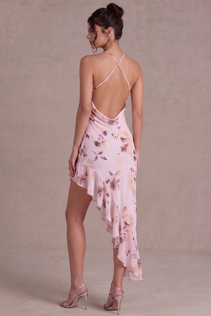 Load image into Gallery viewer, Floral Pink Cowl Neck Asymmetrical Birthday Party Dress with Ruffles