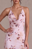 Load image into Gallery viewer, Floral Pink Cowl Neck Asymmetrical Birthday Party Dress with Ruffles