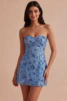 Load image into Gallery viewer, Sparkly Sky Blue Floral Strapless Tight Short Sequin Birthday Party Dress
