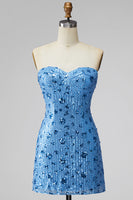 Load image into Gallery viewer, Sparkly Sky Blue Floral Strapless Tight Short Sequin Birthday Party Dress
