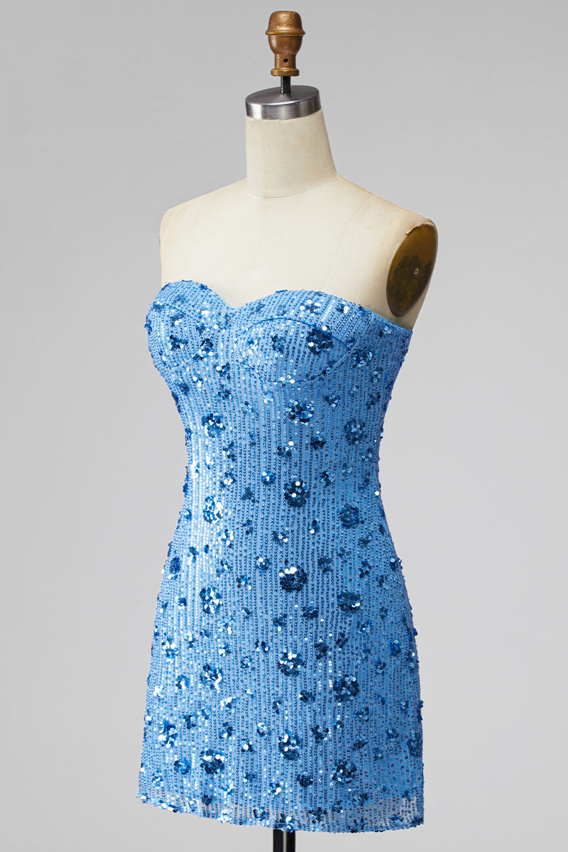 Load image into Gallery viewer, Sparkly Sky Blue Floral Strapless Tight Short Sequin Birthday Party Dress