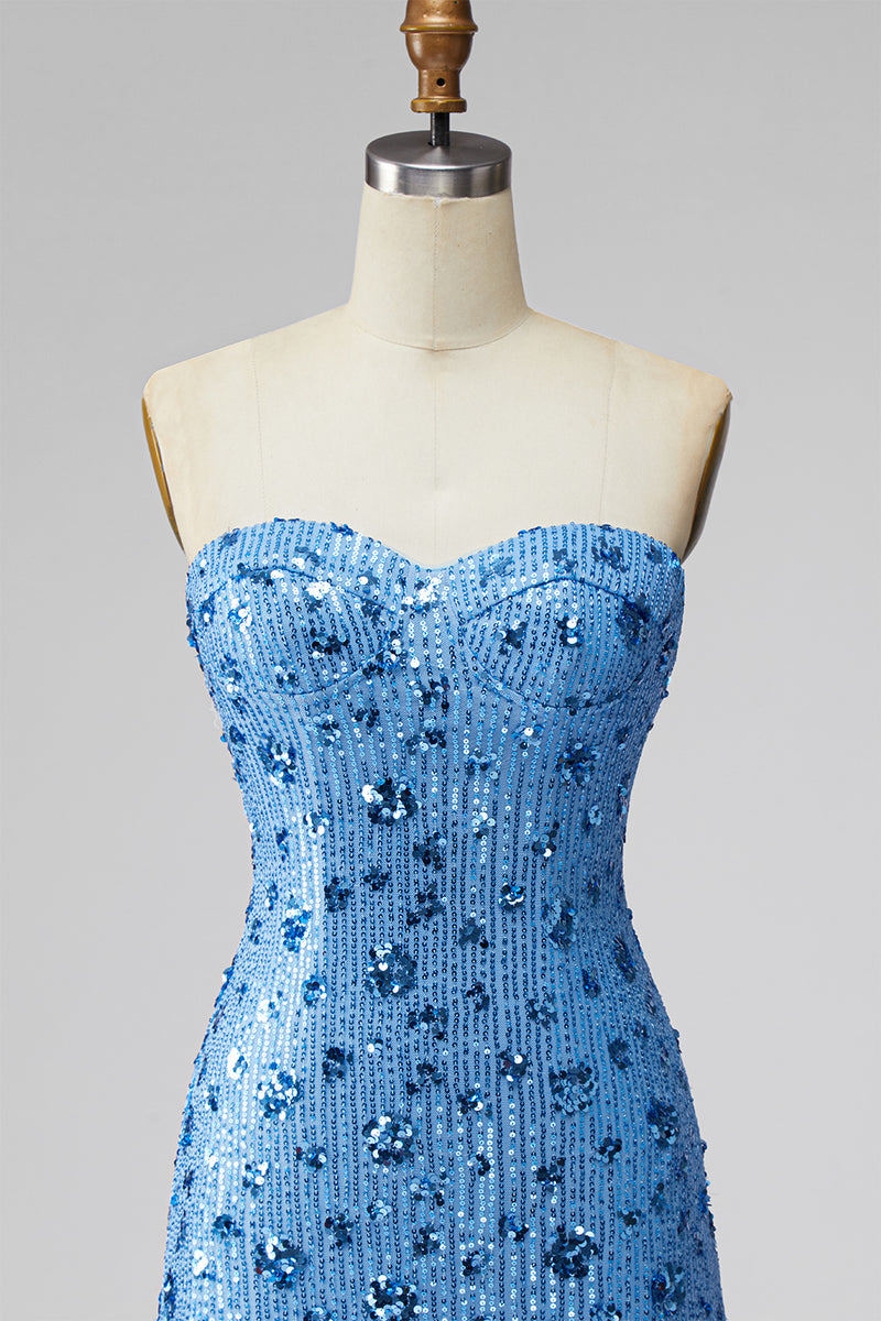 Load image into Gallery viewer, Sparkly Sky Blue Floral Strapless Tight Short Sequin Birthday Party Dress