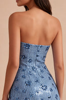Load image into Gallery viewer, Sparkly Sky Blue Floral Strapless Tight Short Sequin Birthday Party Dress