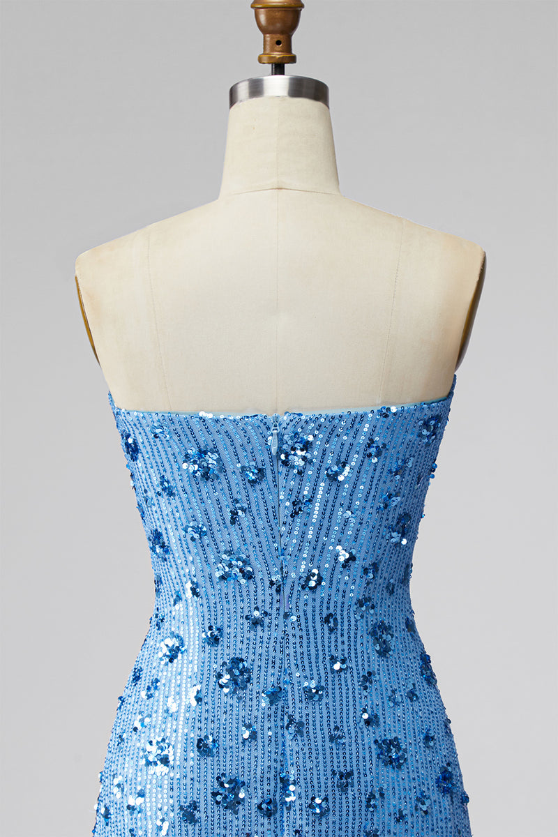 Load image into Gallery viewer, Sparkly Sky Blue Floral Strapless Tight Short Sequin Birthday Party Dress