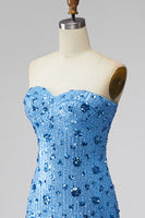 Load image into Gallery viewer, Sparkly Sky Blue Floral Strapless Tight Short Sequin Birthday Party Dress