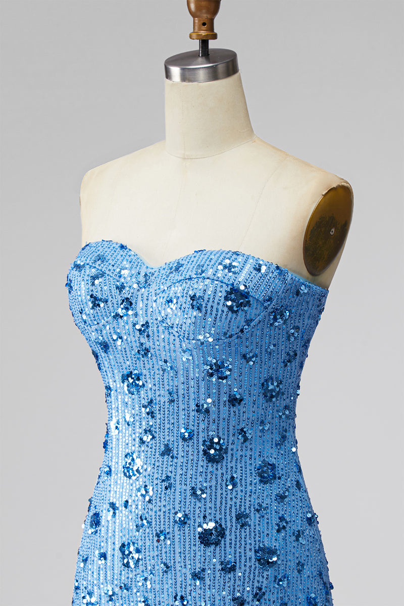 Load image into Gallery viewer, Sparkly Sky Blue Floral Strapless Tight Short Sequin Birthday Party Dress