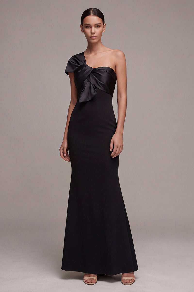 Load image into Gallery viewer, One Shoulder Long Mermaid Black Tie Dress with Bow