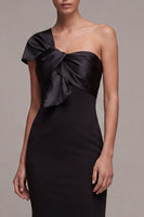Load image into Gallery viewer, One Shoulder Long Mermaid Black Tie Dress with Bow