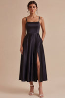 Load image into Gallery viewer, A Line Maxi Spaghetti Straps Black Tie Dress with Pockets
