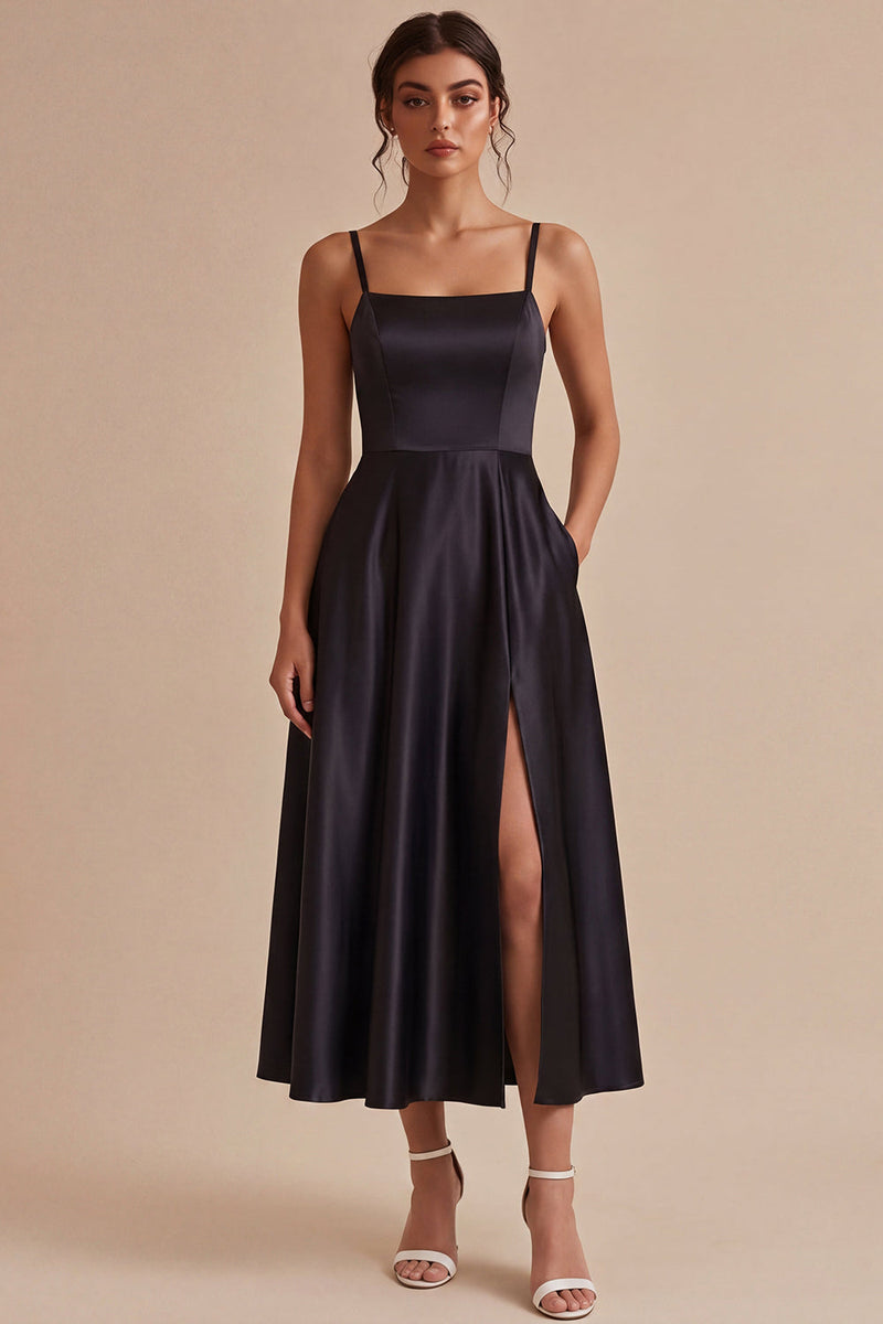 Load image into Gallery viewer, A Line Maxi Spaghetti Straps Black Tie Dress with Pockets