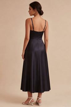 A Line Maxi Spaghetti Straps Black Tie Dress with Pockets