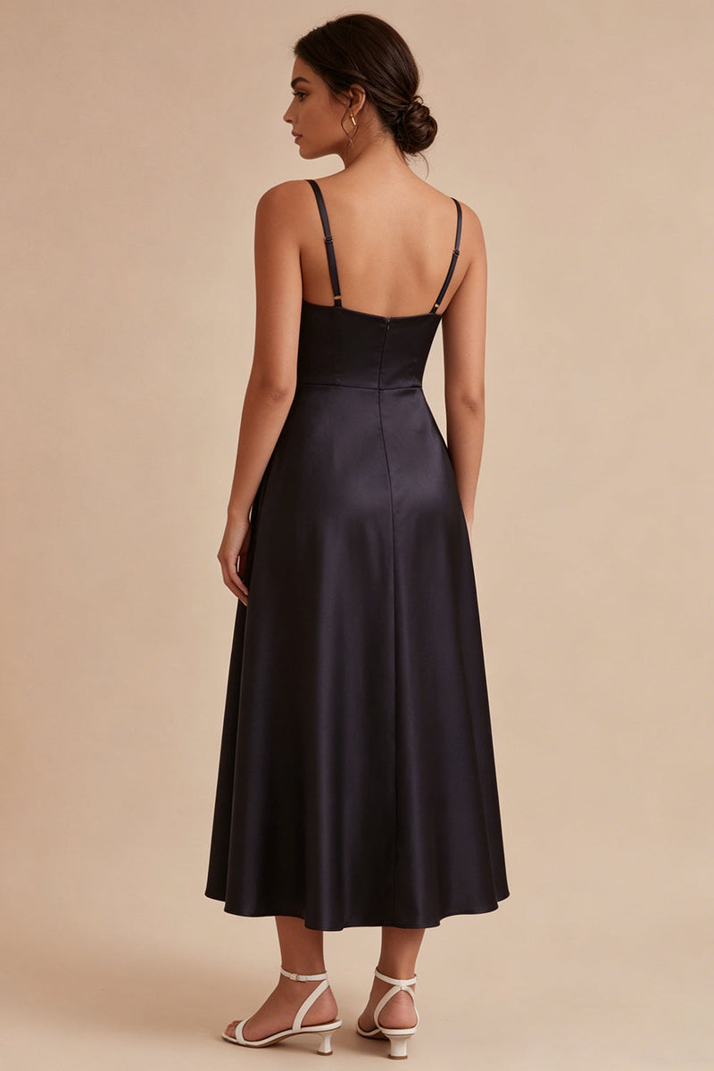 Load image into Gallery viewer, A Line Maxi Spaghetti Straps Black Tie Dress with Pockets