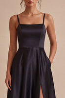 Load image into Gallery viewer, A Line Maxi Spaghetti Straps Black Tie Dress with Pockets