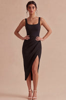 Load image into Gallery viewer, Bodycon Ruched Thick Straps Midi Black Cocktail Dress with Slit