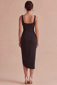 Bodycon Ruched Thick Straps Midi Black Cocktail Dress with Slit